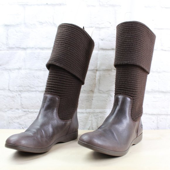 Lacoste Brown Ribbed Knit Mid Calf Leather Boots Size 7 - Picture 2 of 9